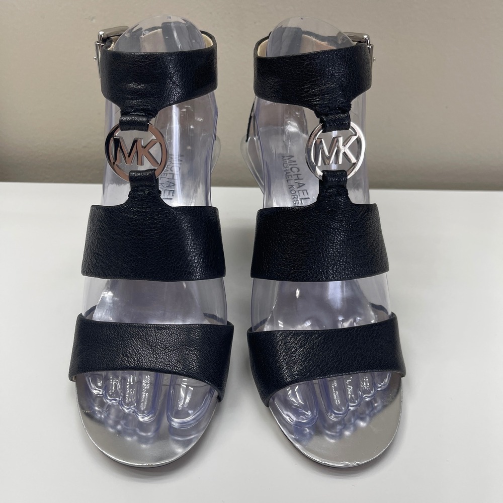 Michael Kors Wedge Sandals Women 6M Black Leather MK Logo Strappy Dressy Heel